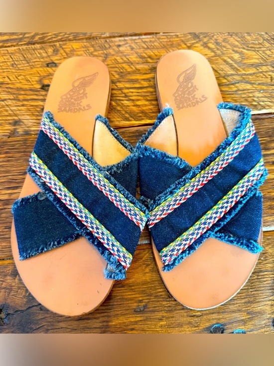 Ancient Greek Sandals Shoes - Ancient Greek Denim Multicolor Slide Sandals